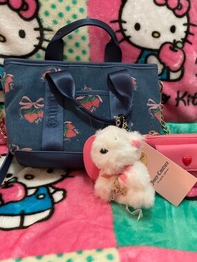 Juicy Couture Strawberry Festival Mini Bag Denim with Teddy bear charm purse